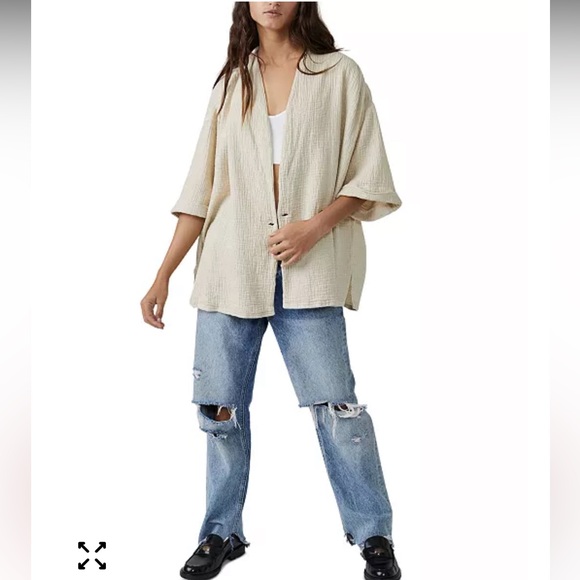 Free People Women's Lou Textured Gauzy Cotton Blazer Top Jacket Cream - Picture 5 of 11